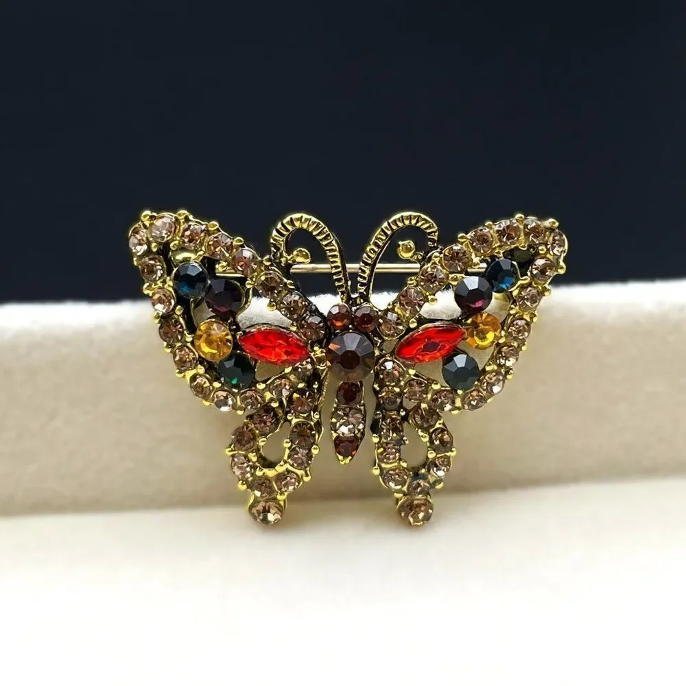 Yellow Gold with Champagne Topaz and Multi Crystal Butterfly Pin Back Brooch